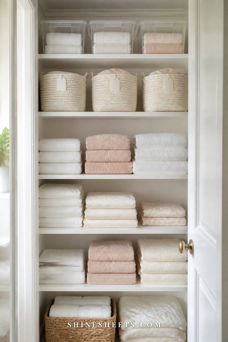High white linen closet shelf with clear lidded bins and small cream baskets neatly arranged above folded towels