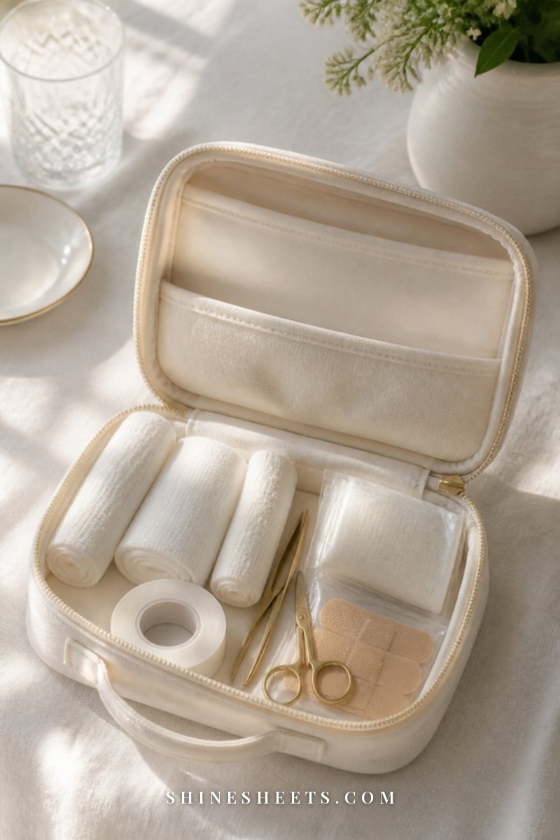Open cream first aid case with neatly arranged bandages, gauze rolls, tweezers and small scissors on a white linen surface