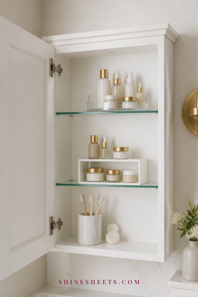 Open white wall cabinet with glass shelves, a small turntable and a shelf riser holding neatly arranged cream jars and toiletries
