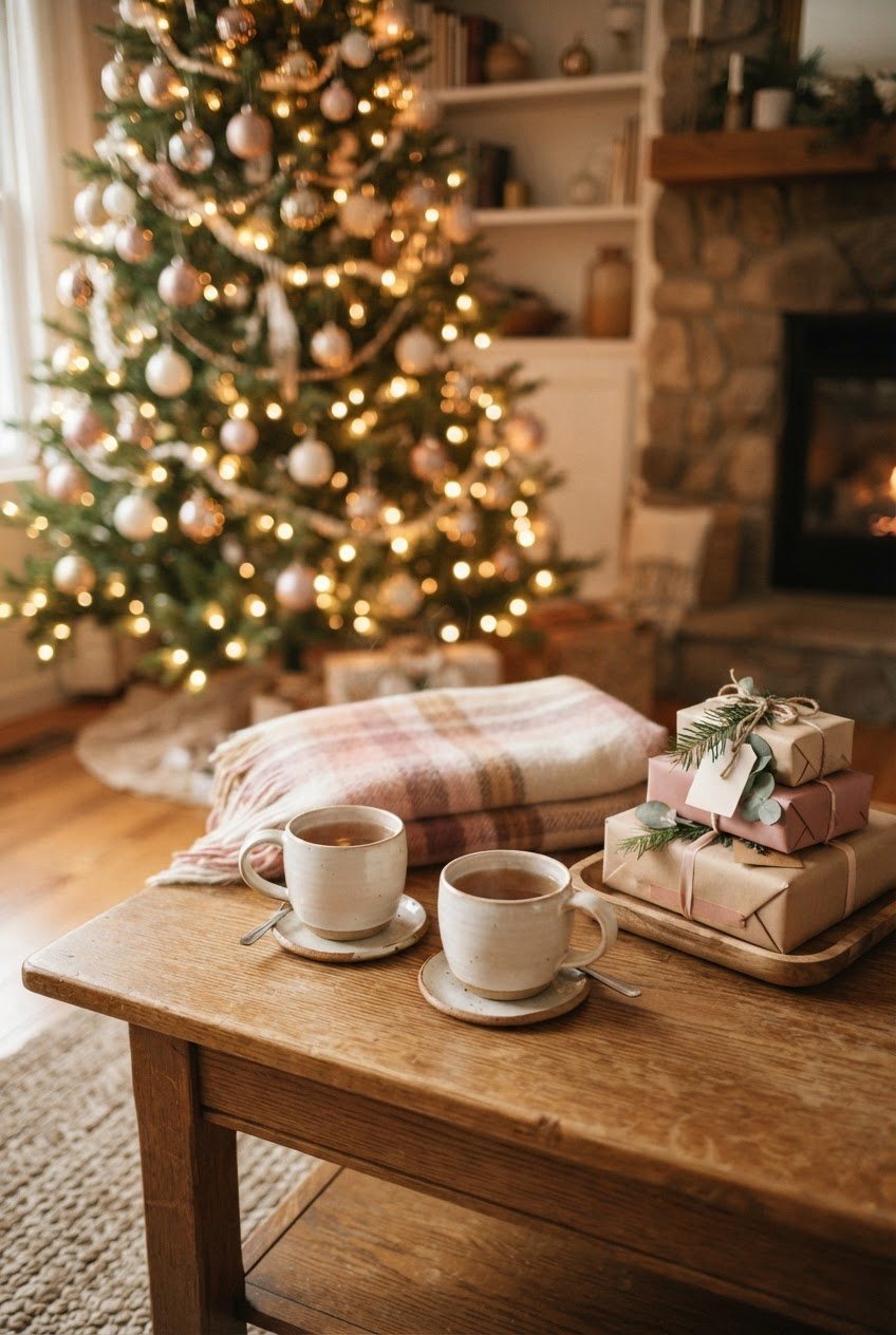 Two mugs of tea, a plaid blanket and a small stack of wrapped gifts beside a softly lit Christmas tree