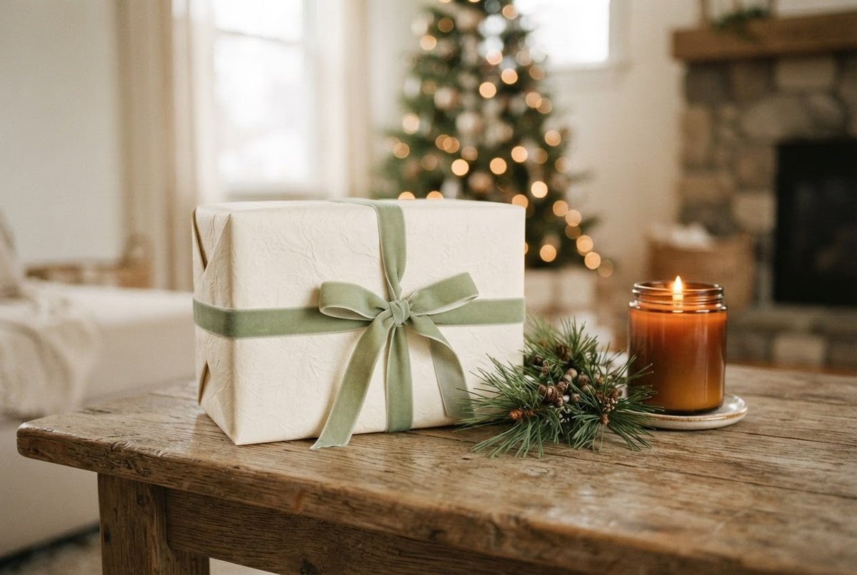 Wrapped gift in cream paper with a sage velvet ribbon next to a glass candle and a pine sprig on a wooden table