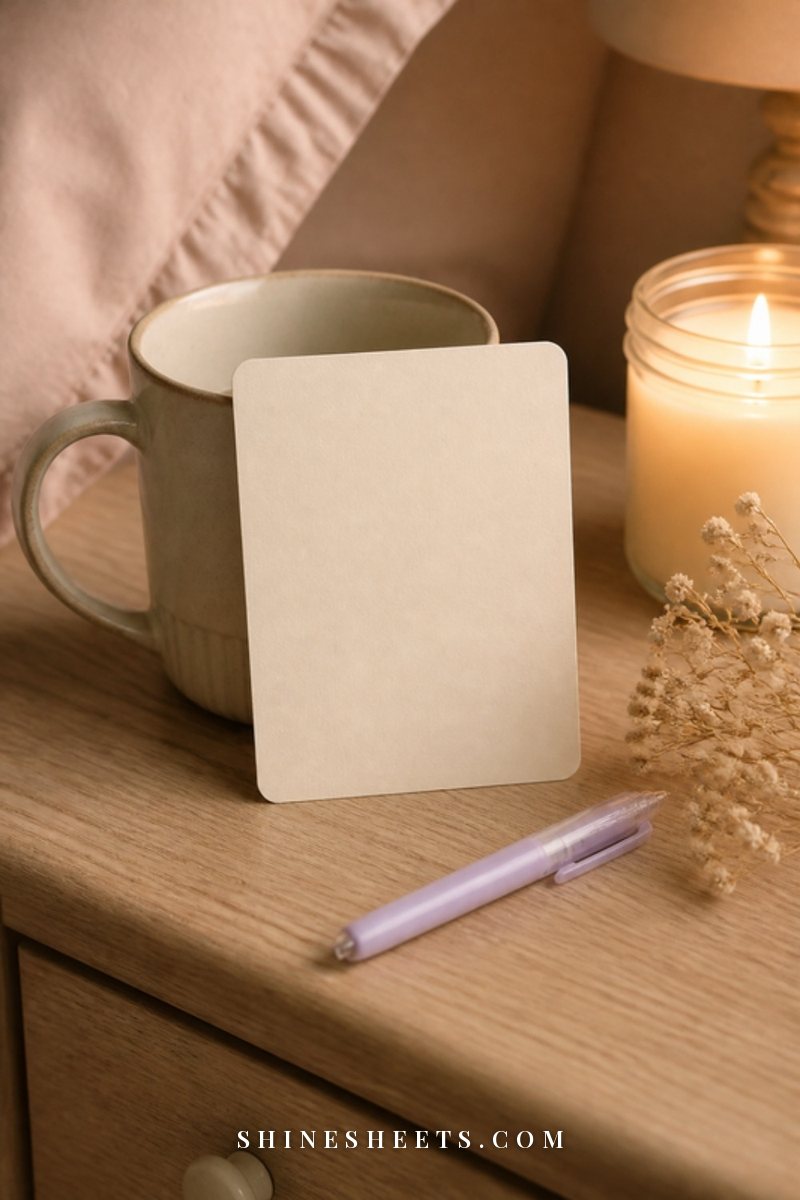Small blank cream card beside a pastel gel pen, a ceramic tea mug and a glass candle on a bedside table