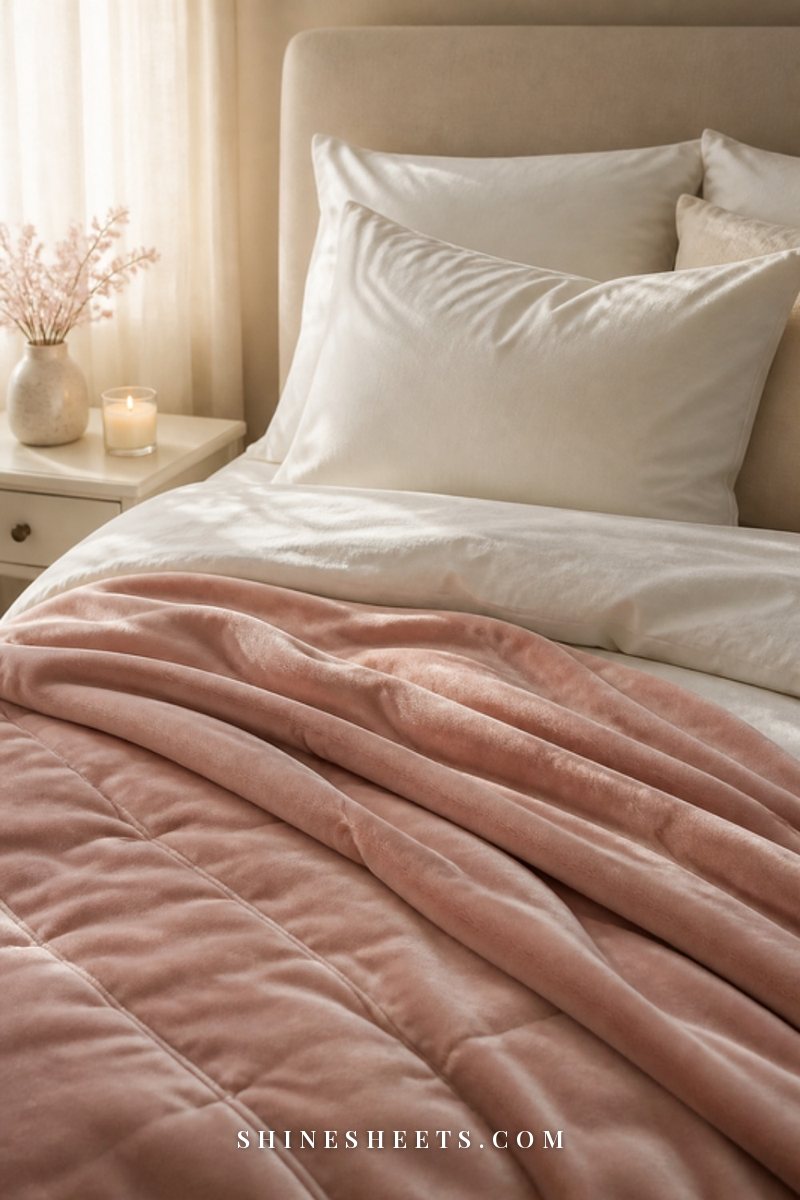 Soft blush weighted blanket on a white linen bed with plump pillows in calm morning light
