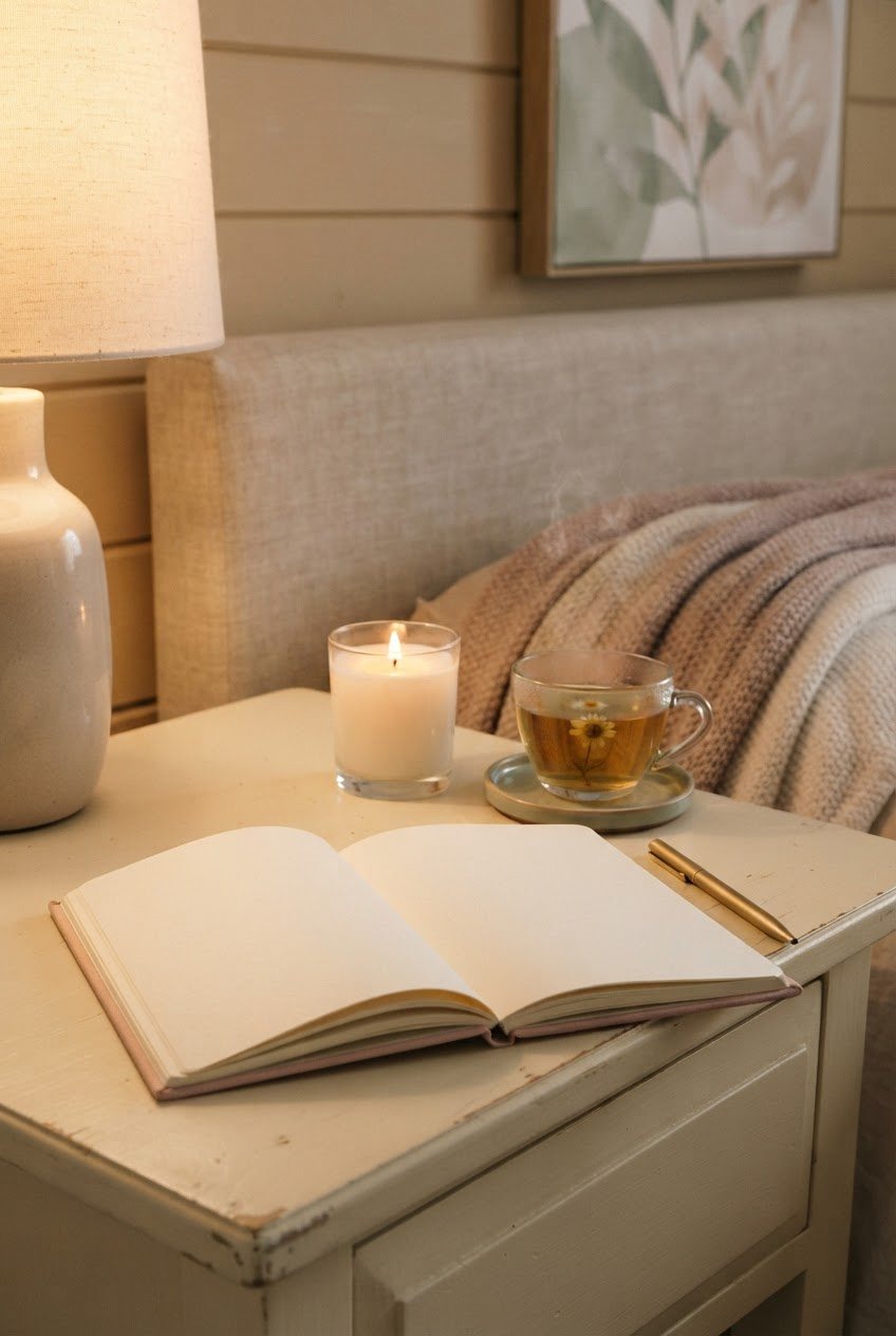 Blush journal with a pen, a lit candle in a clear glass jar and a cup of chamomile tea on a cream bedside table in warm lamplight