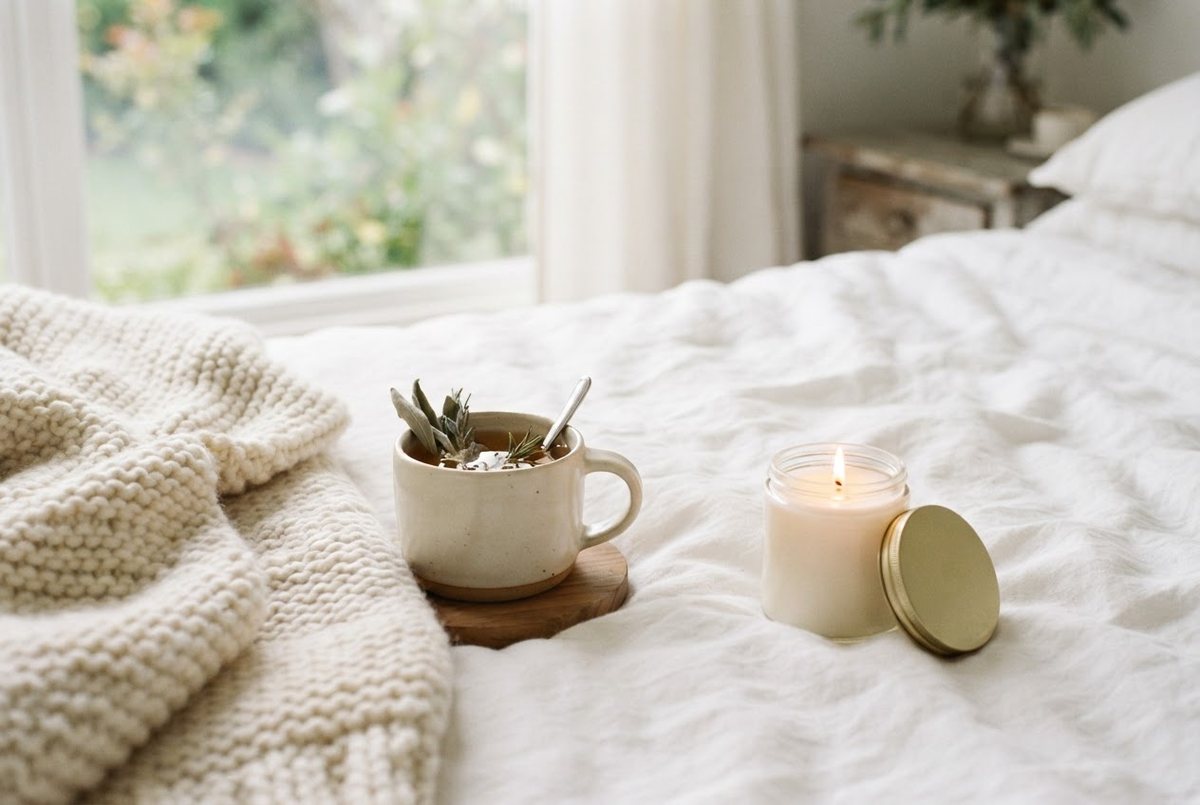 Cream knit throw, a lit glass candle and a mug of herbal tea on a white linen bed in soft morning window light