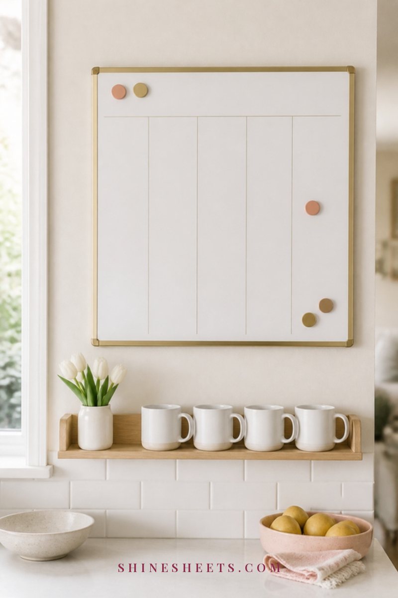 Blank magnetic weekly planner board on a cream kitchen wall with blush magnets and a small shelf of white mugs below