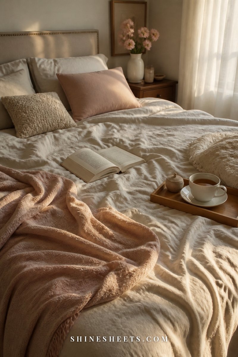 Slightly rumpled cream linen bed with a book, a cup of tea and a blush throw in warm afternoon light