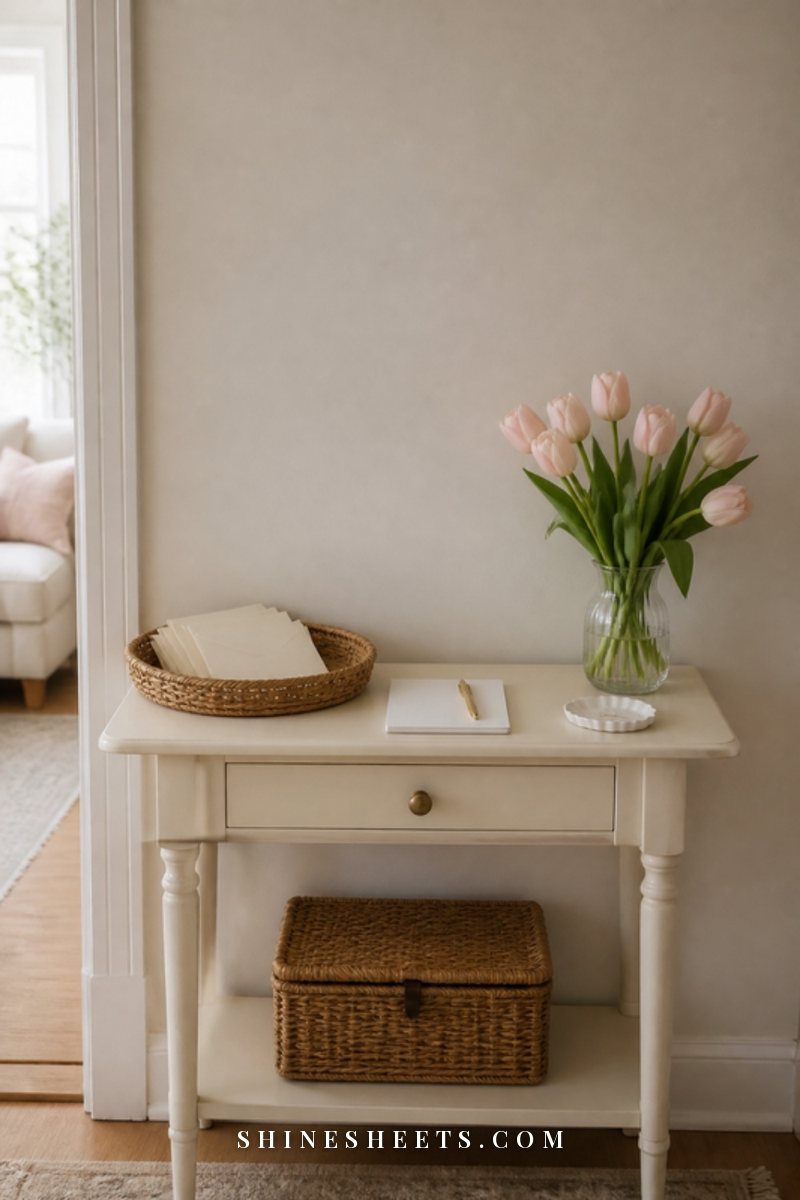 Small tidy entryway console with a woven tray, a blank notepad, a ceramic key dish and a vase of blush tulips