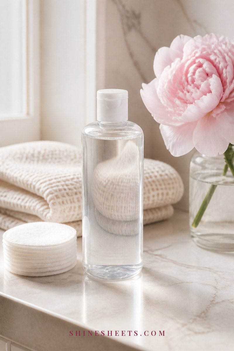 Clear bottle of micellar water with soft cotton rounds on a cream marble bathroom counter