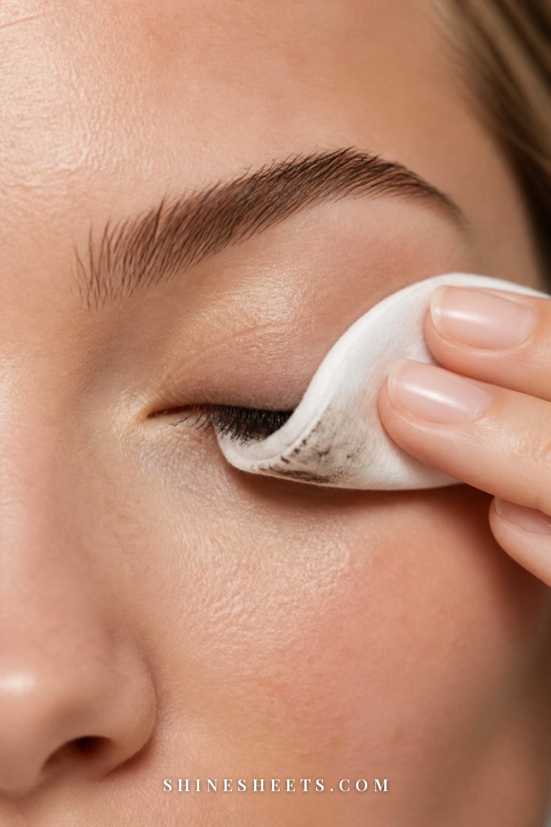 Close-up of a closed eye with a folded cotton pad resting on the lashes to dissolve mascara