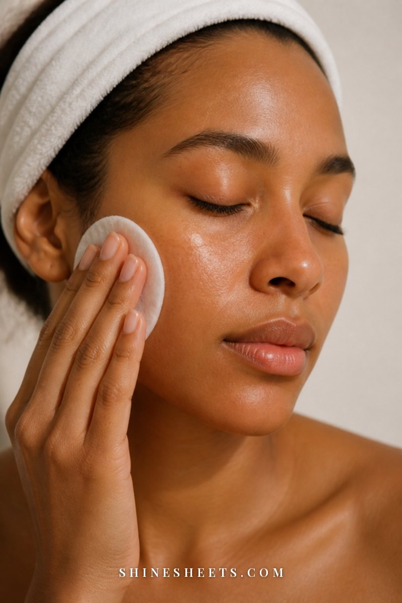 Close-up of a woman gently pressing a soaked cotton pad against her cheek with closed eyes