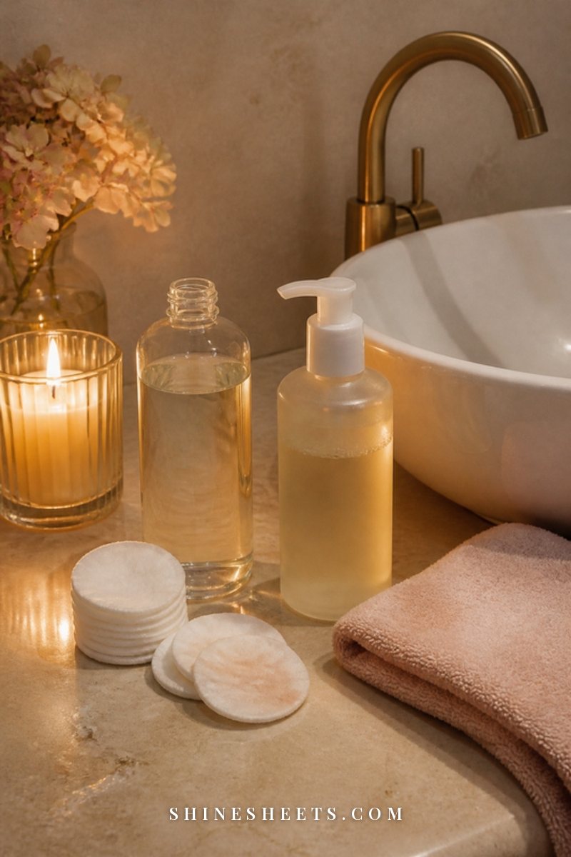 Micellar water, cotton rounds and a pump bottle of gel cleanser arranged beside a bathroom sink