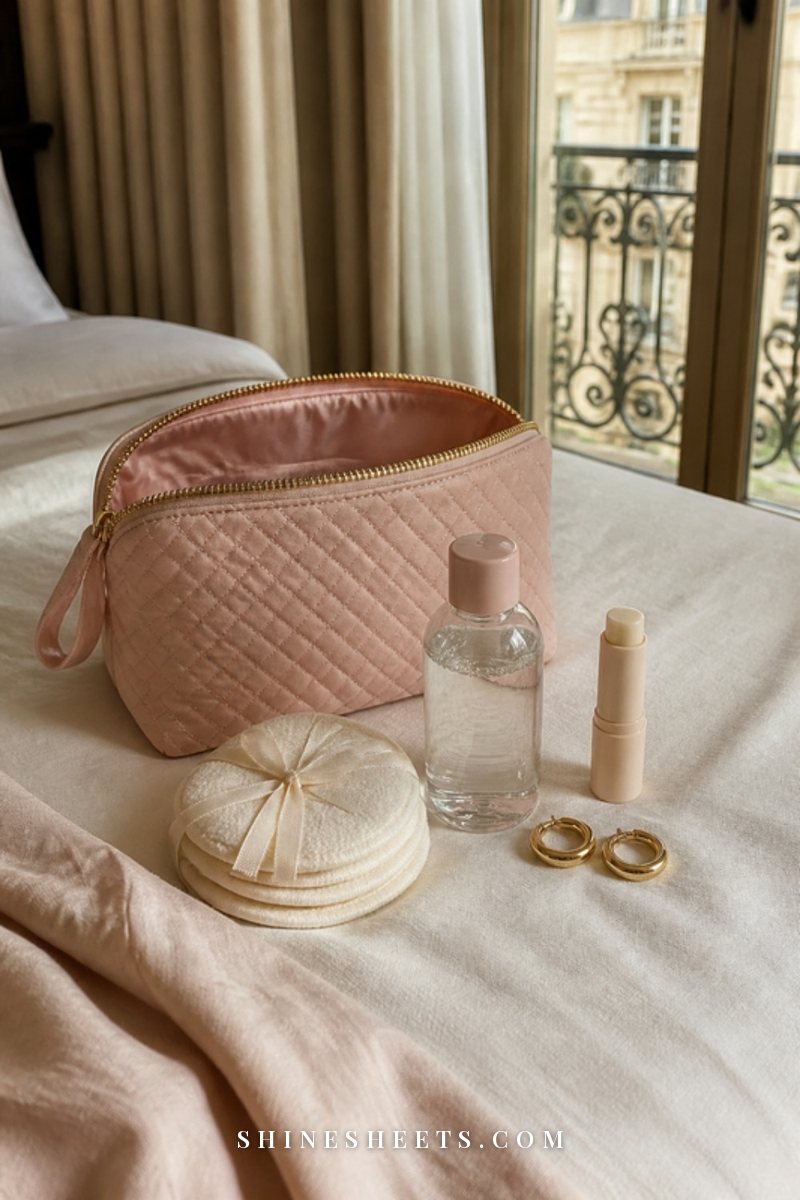 Travel-size micellar water bottle and reusable cotton rounds in an open blush makeup bag