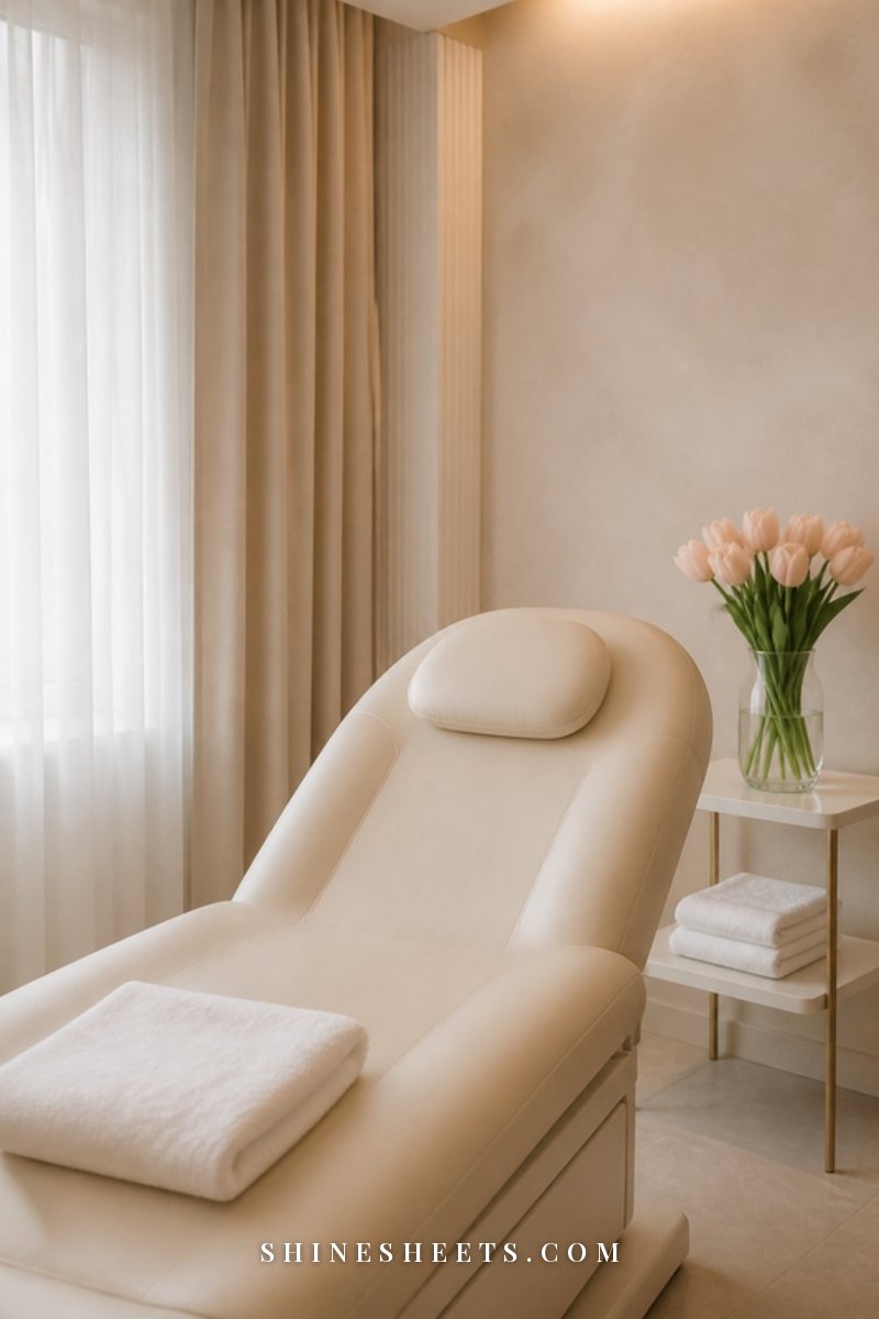 A calm, clean dermatology treatment room with a cream treatment bed and folded white towels