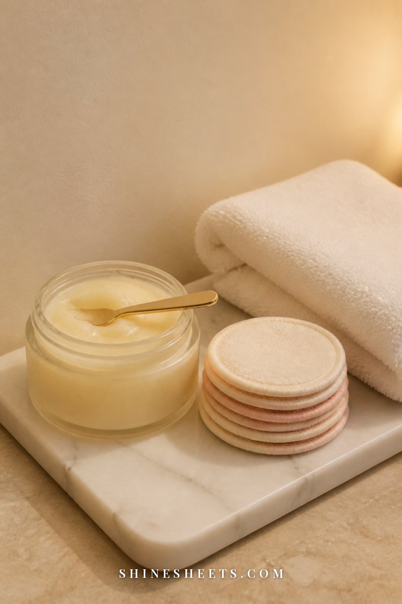 A rich thick cream swirled in an open glass jar next to a gold spatula on cream linen