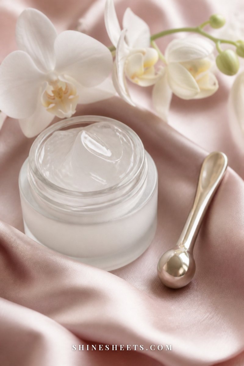 A small cooling gel eye cream jar with a light gel texture on a blush silk cloth