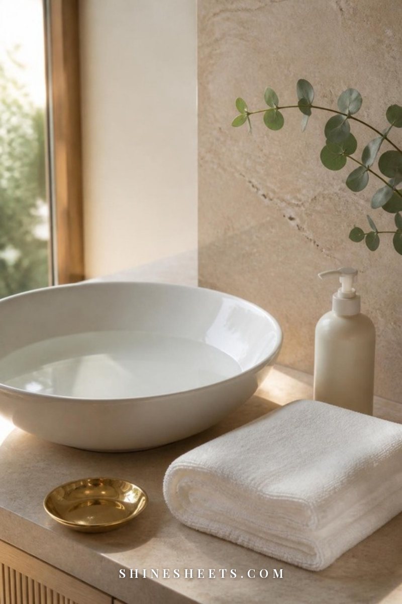 A soft white washcloth, an unlabeled pump bottle of gentle cleanser and a small dish of water on a bright bathroom counter