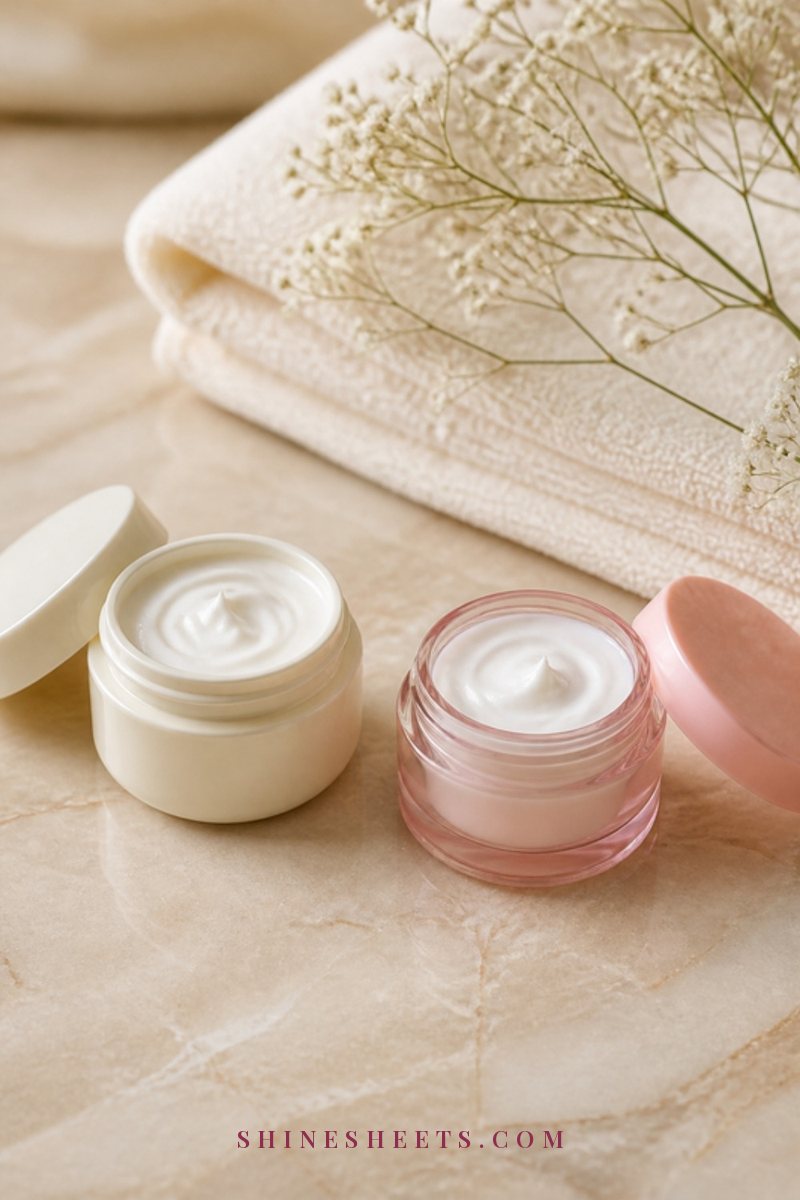 Two small unlabeled skincare jars, one cream and one blush, side by side on a beige marble vanity