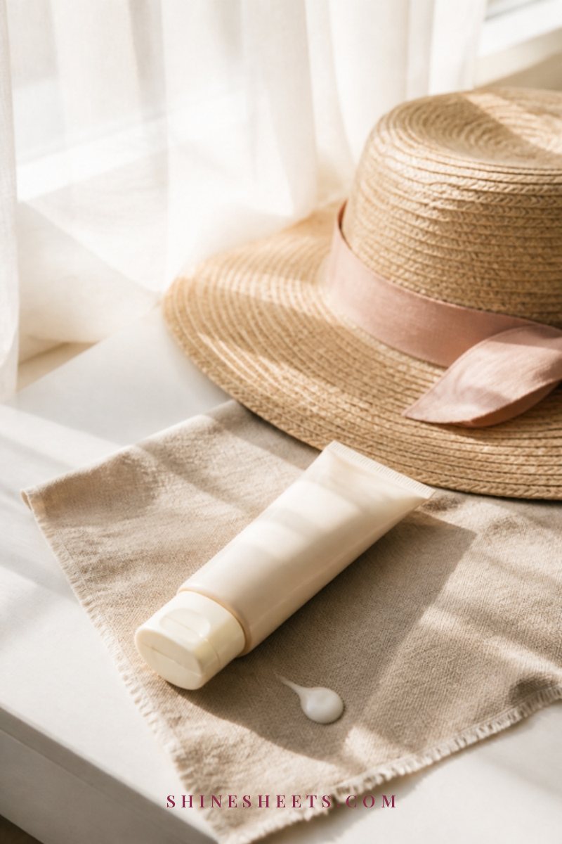 An unlabeled cream sunscreen tube with a wide-brim straw hat on a sunny windowsill
