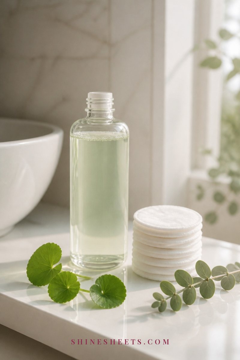 An unlabeled glass bottle of exfoliating toner and soft cotton rounds in a cream dish