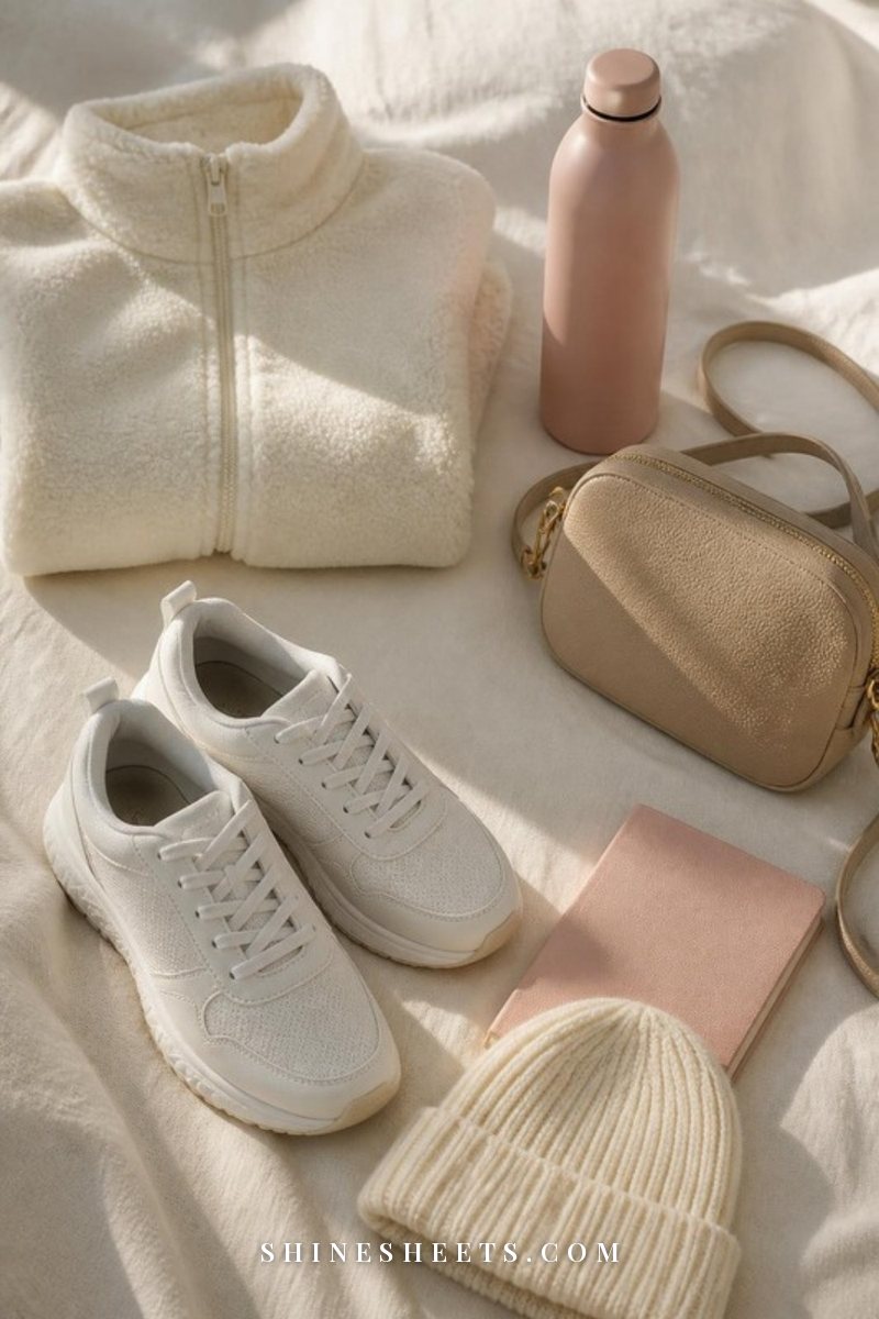 Flat lay of white women's sneakers, a cream fleece jacket, a pastel water bottle, a beige crossbody bag and a blush pocket notebook