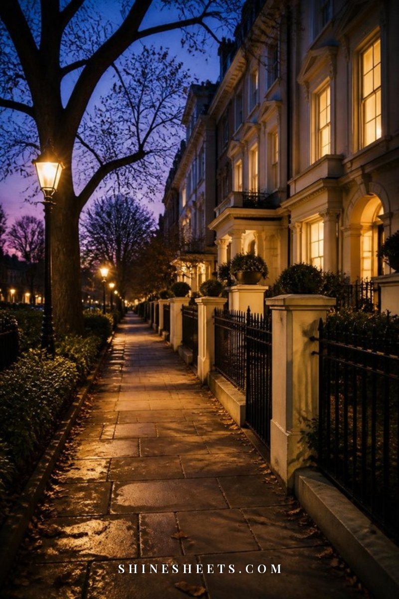Quiet tree-lined sidewalk at blue hour with warm street lamps, glowing windows and fallen leaves