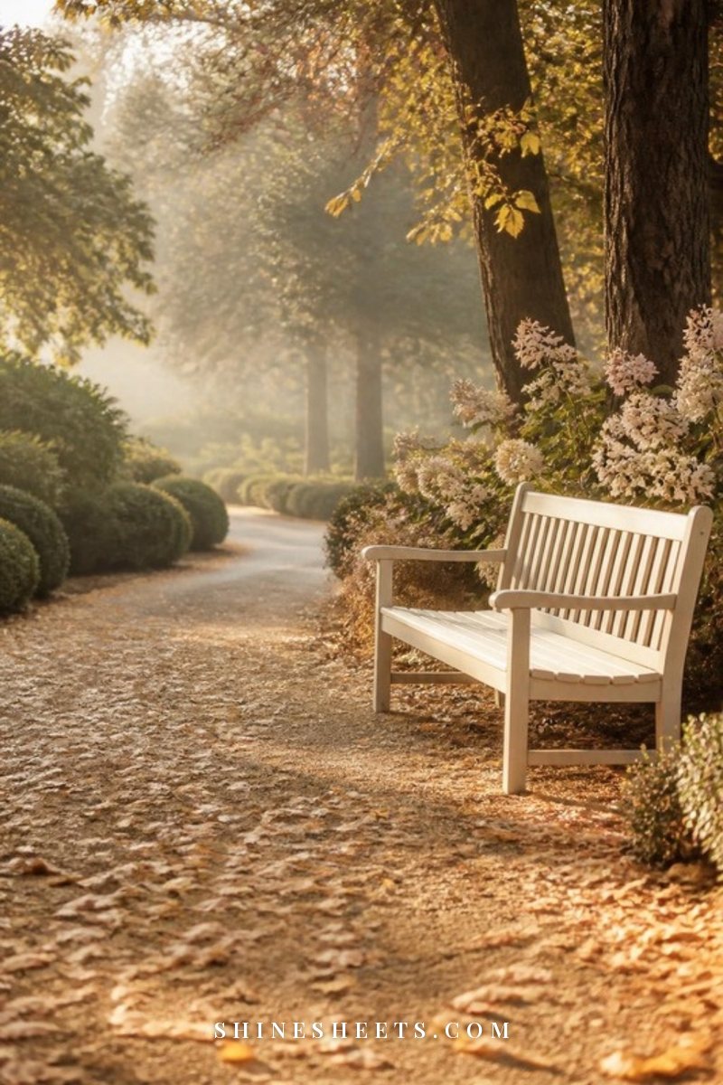 Quiet winding garden path with fallen autumn leaves and a cream wooden bench in soft morning light