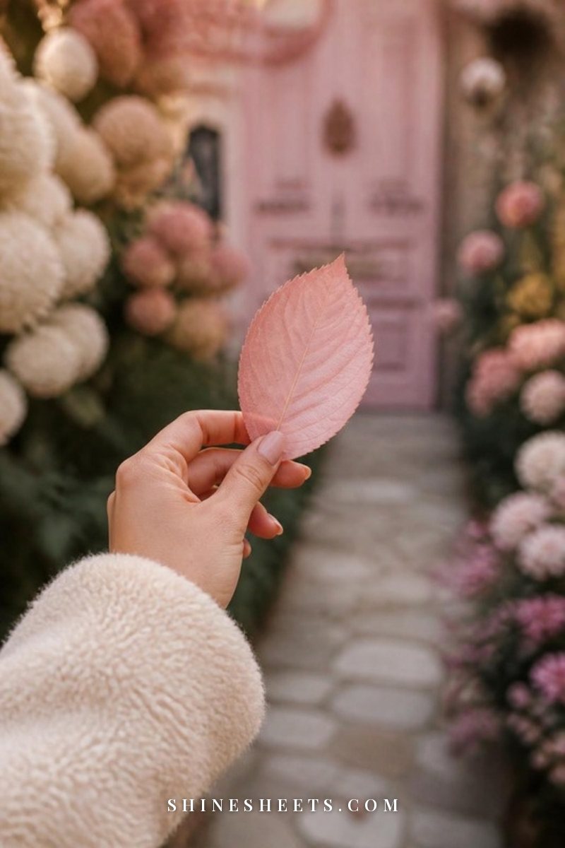 A woman's hand holding a single blush pink fallen leaf above a path lined with soft pink and cream flowers