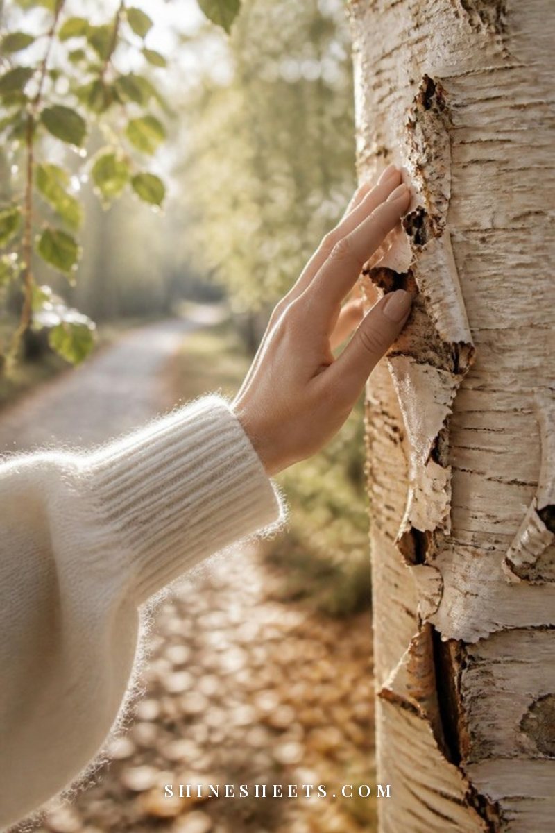 A woman's hand resting gently on textured pale birch bark beside a leafy path in soft golden light