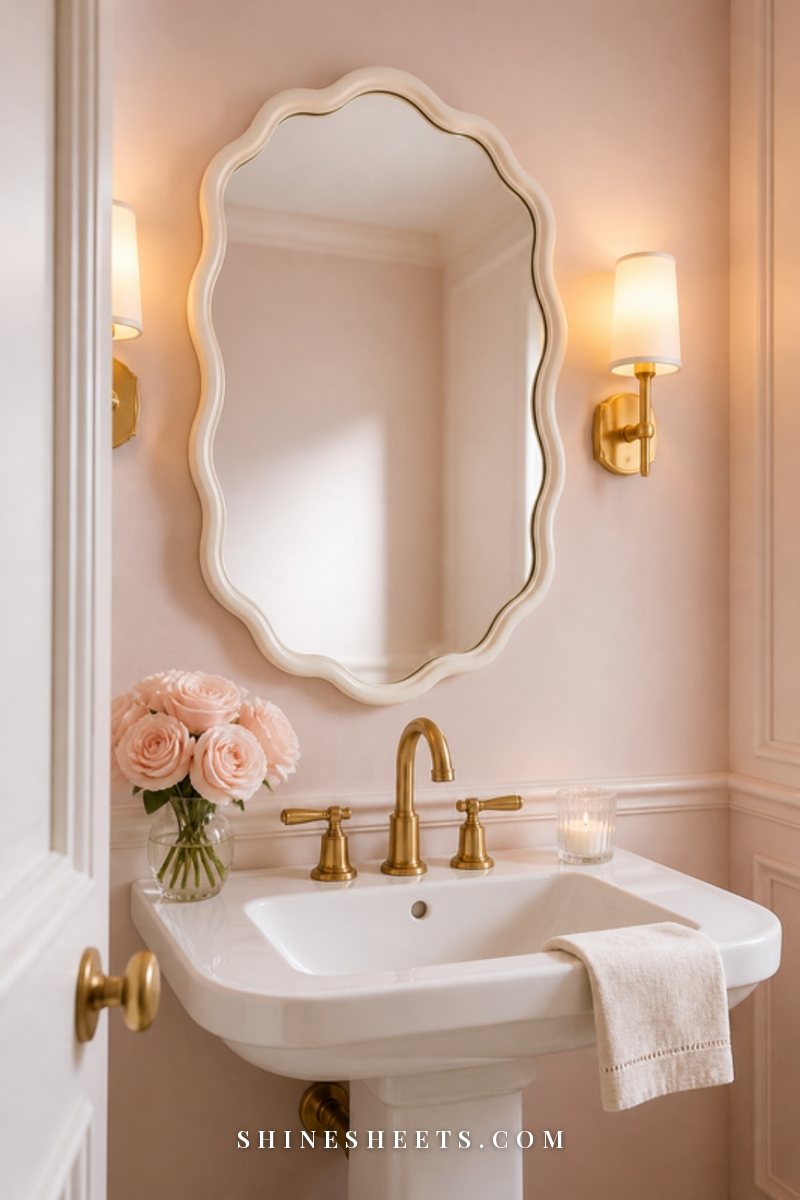 Cream scalloped wall mirror above a white pedestal sink with a small vase of blush roses and a folded linen hand towel