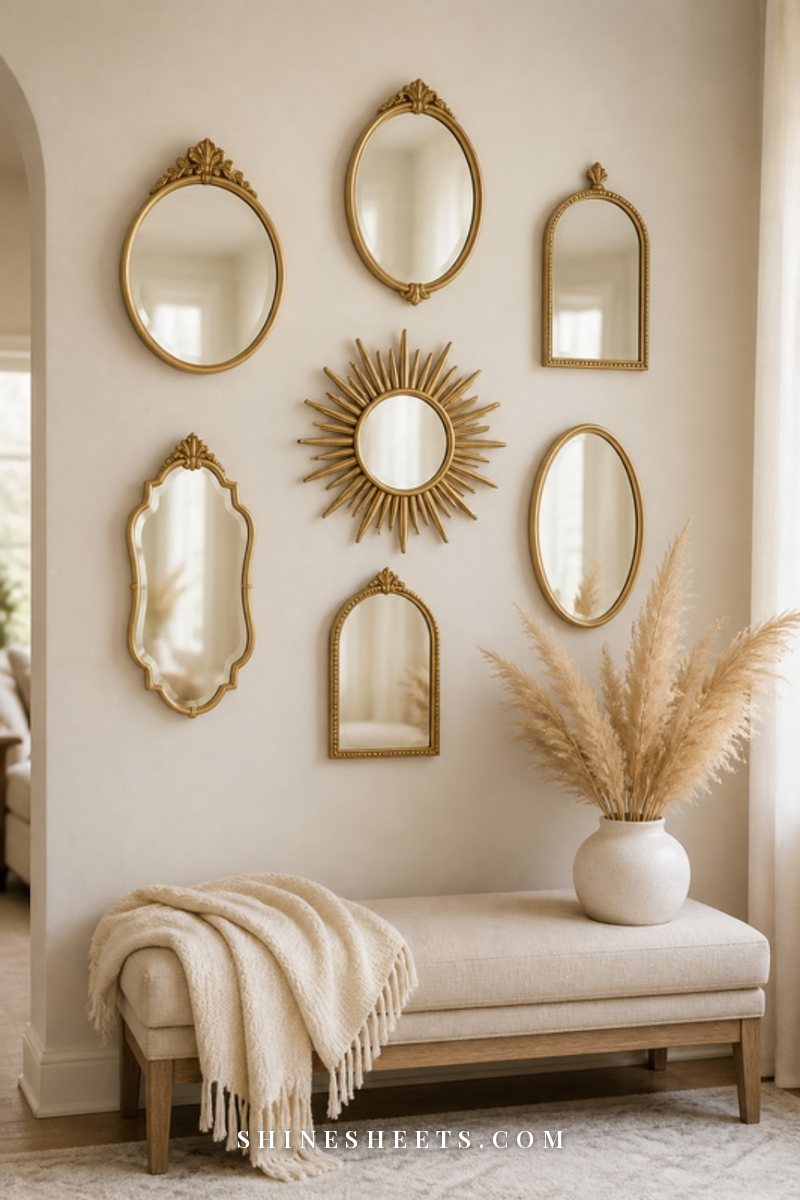Gallery wall of small gold mirrors in round, oval and sunburst shapes on a cream wall above a beige linen bench