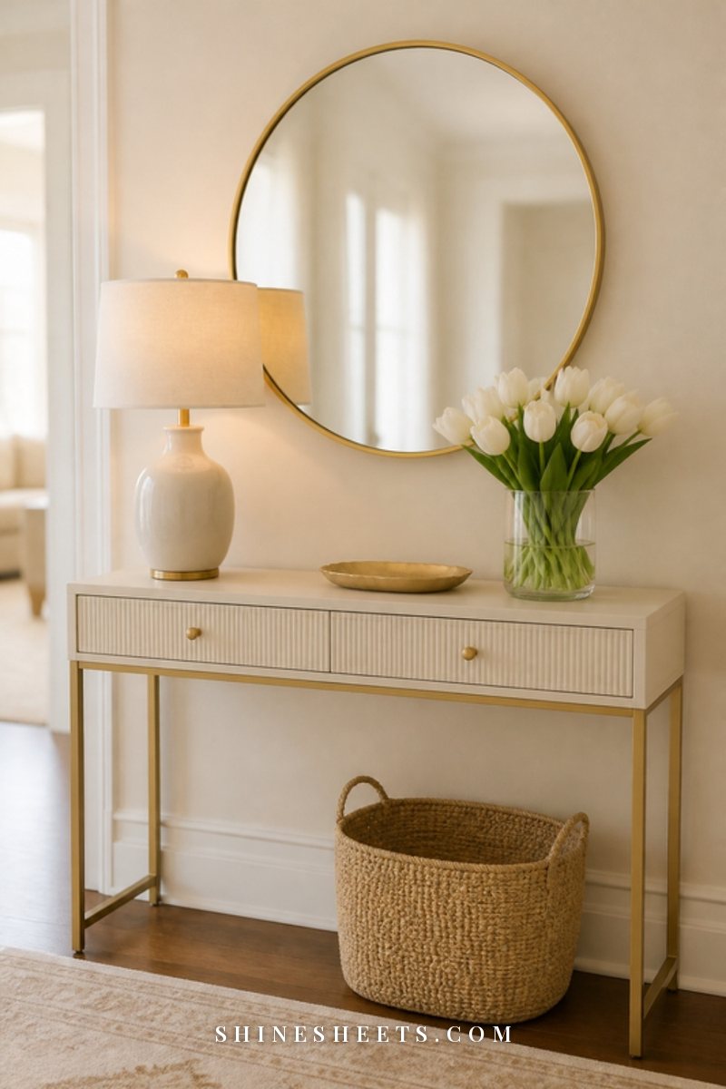 Round gold mirror above a slim cream console table with a ceramic lamp, a vase of white flowers and a woven basket below