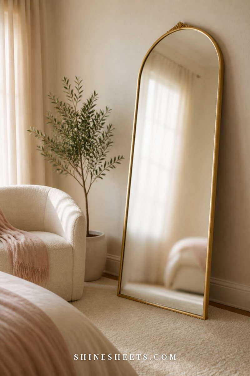 Tall gold arched floor mirror leaning in a bedroom corner beside a cream armchair and a potted olive tree, soft blurred reflection