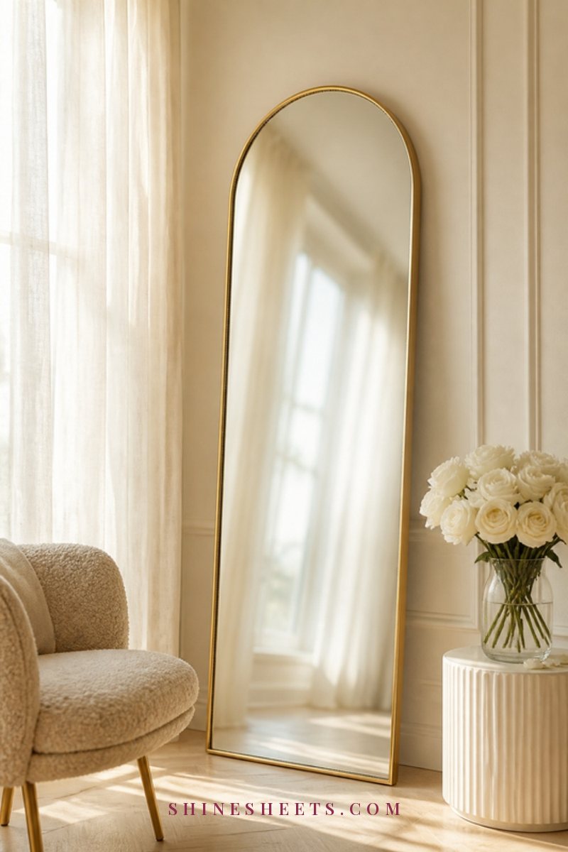 Tall gold arched mirror leaning against a cream wall beside a window, softly reflecting daylight into a calm living room