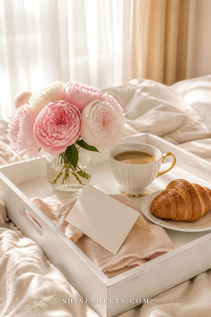 A breakfast tray with coffee, a croissant and peonies on a sunlit bed