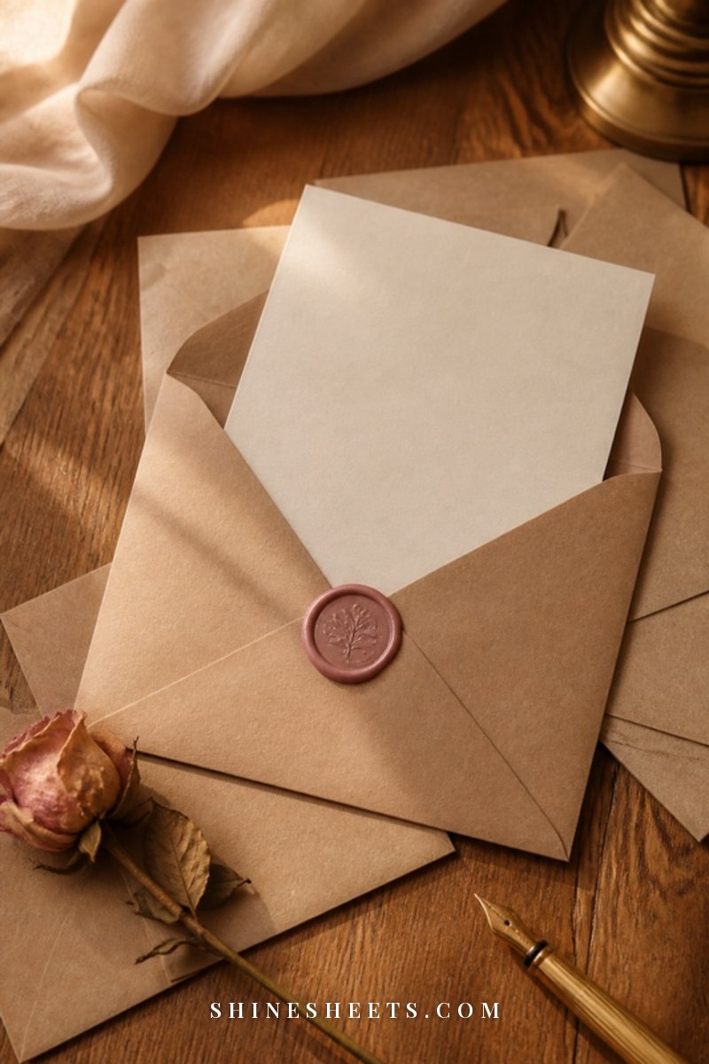 Kraft envelopes with blank letters, a pressed flower and a wax seal on a wooden desk