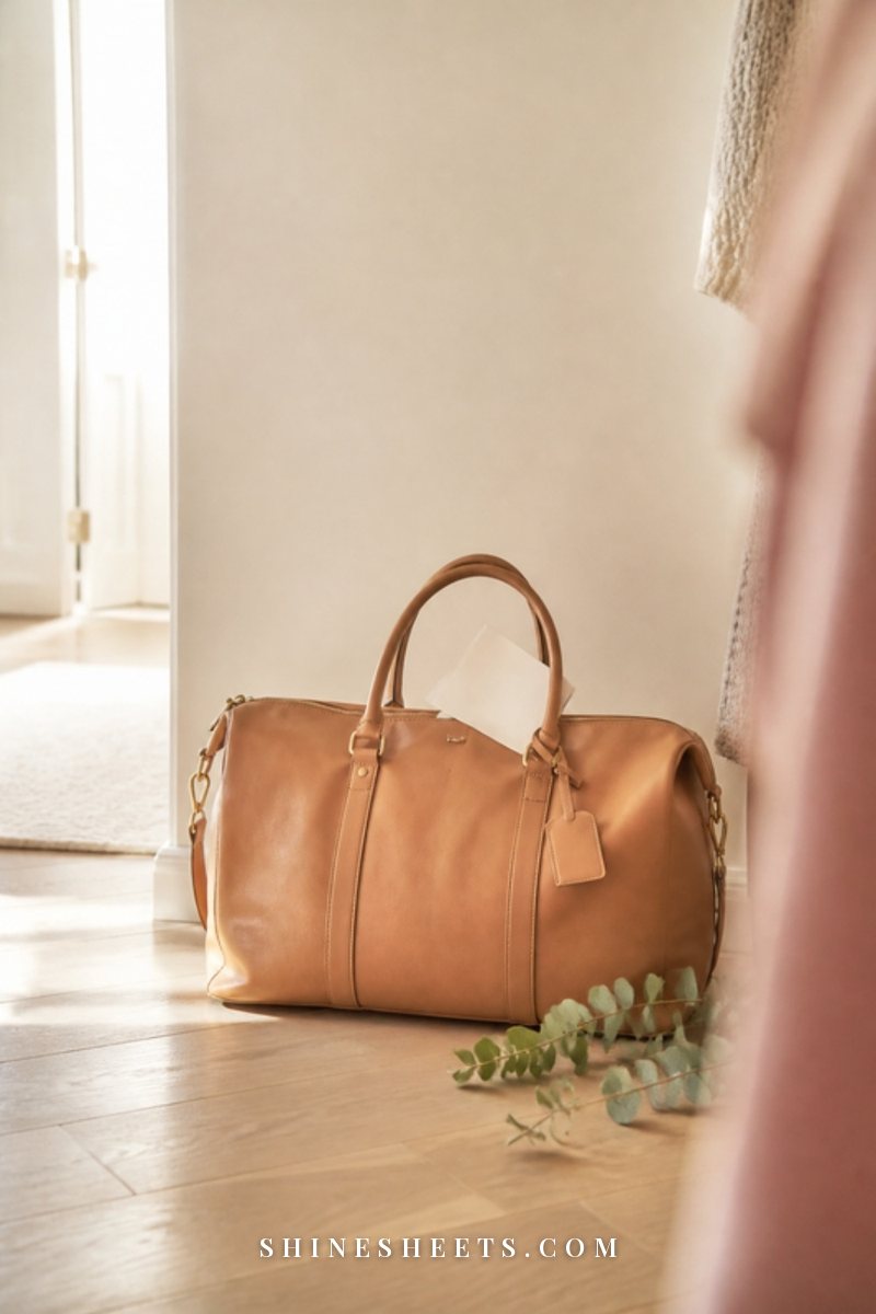 A men’s leather weekender bag by the door with a folded blank note tucked in the handle
