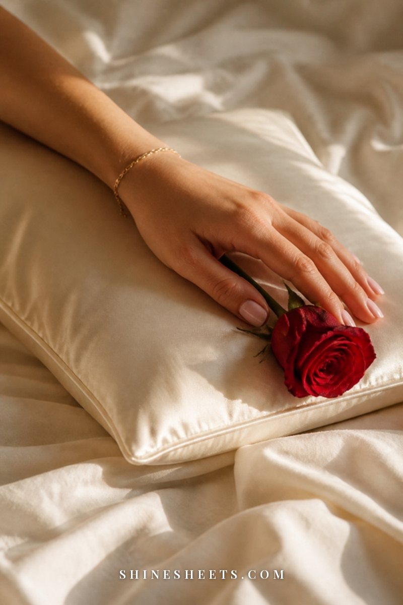 A woman’s hand resting on a cream silk pillow next to a single red rose