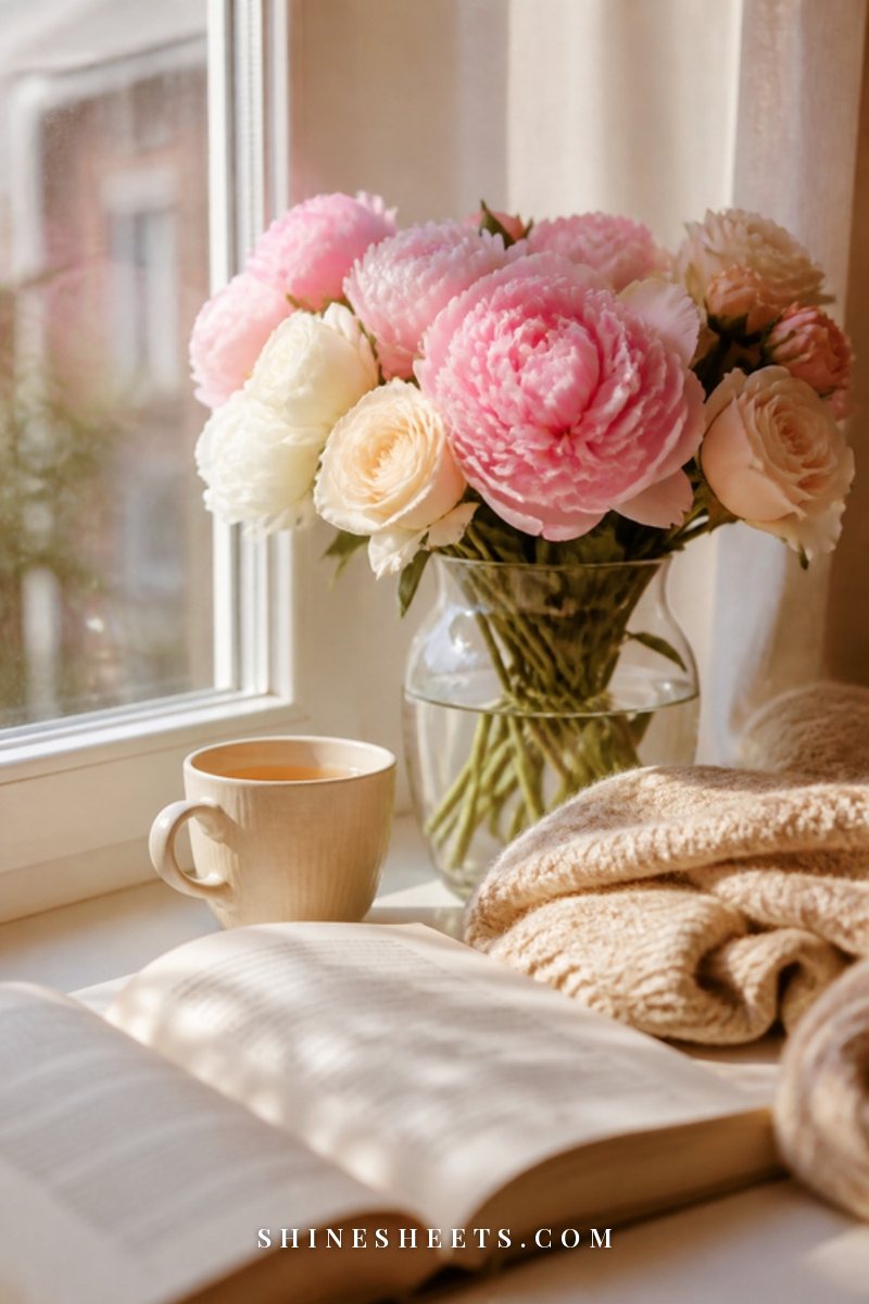 A bouquet of fresh peonies in a glass vase on a sunlit table beside two mugs