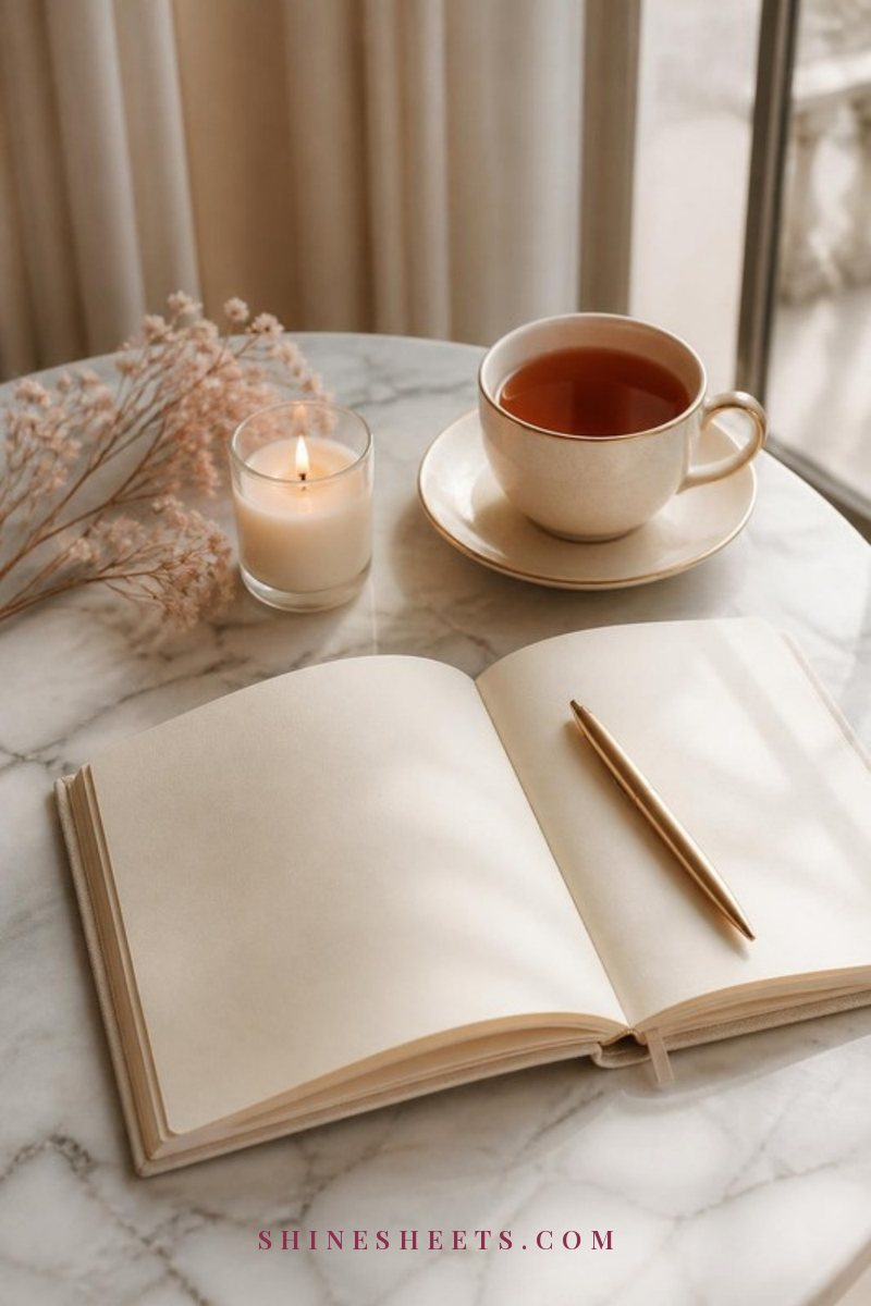 An open journal with blank pages, a gold pen and a cup of chamomile tea on a desk