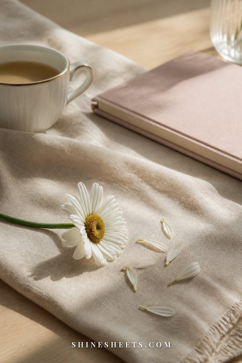 A single daisy with a few petals scattered beside it on cream linen