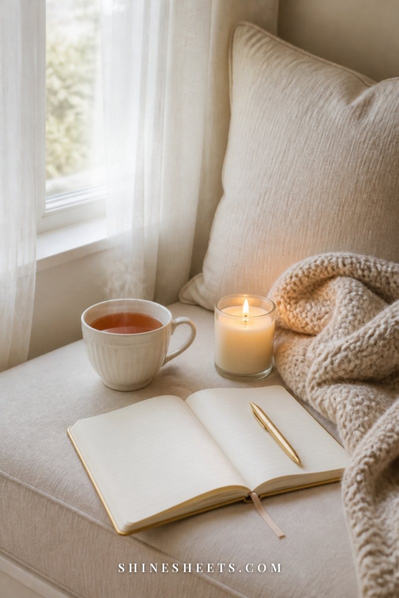 A woman seen from behind sitting on a window seat with a journal and tea, looking outside