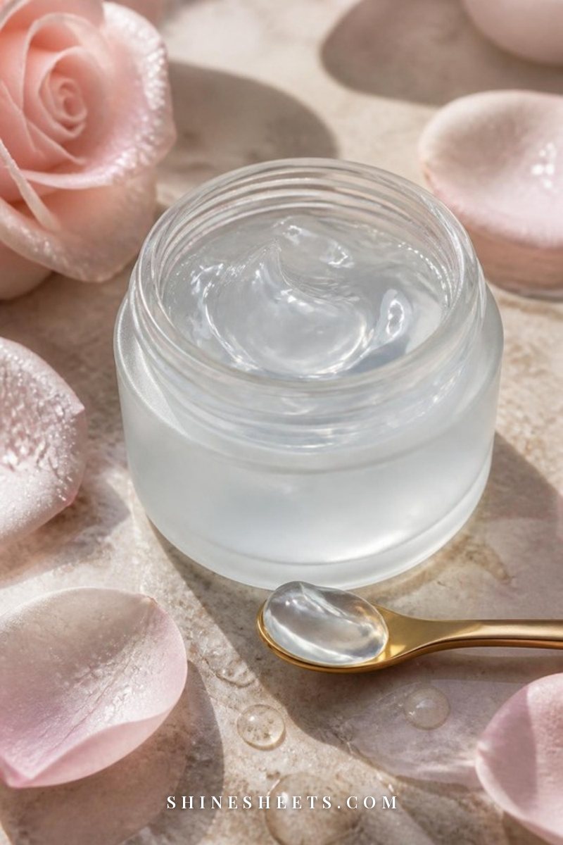 A clear jelly gel moisturizer in an open glass jar with a small swirl on a gold spatula beside fresh water droplets on cream stone