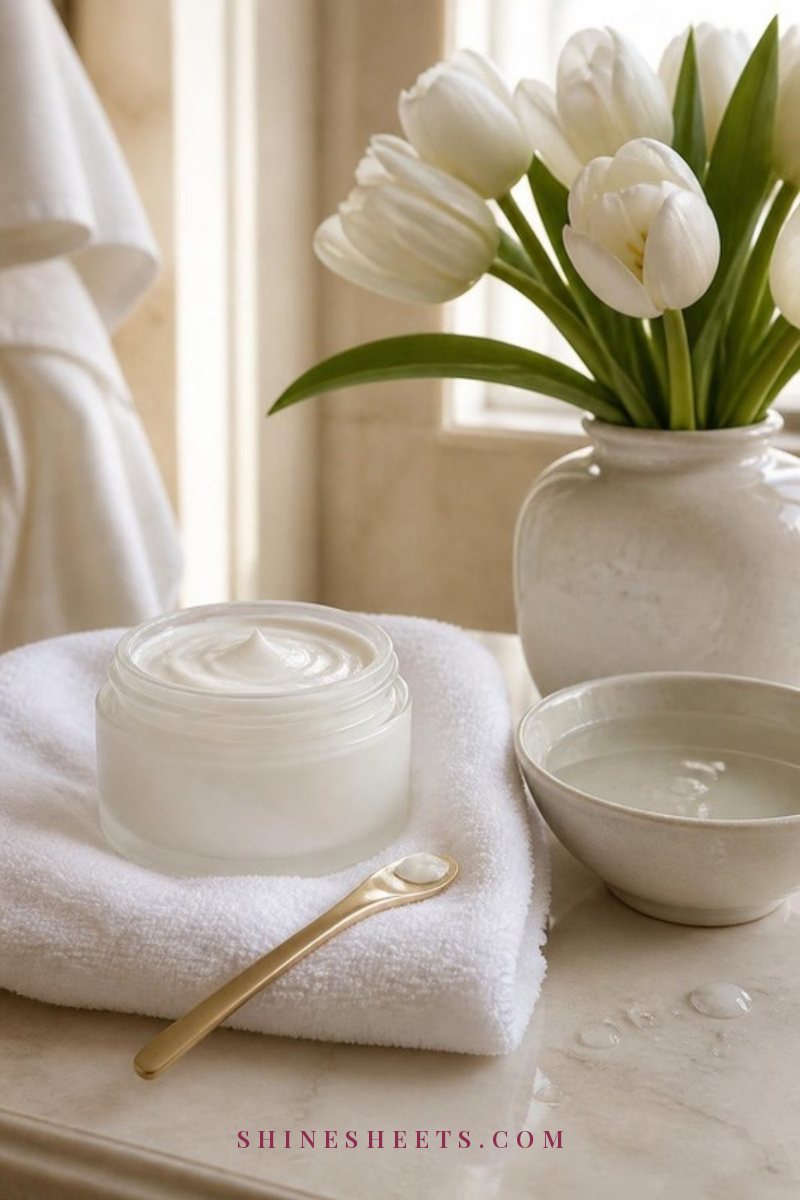 A soft white cotton face towel, a small pearl of cream on a gold spatula and an open cream jar beside a ceramic bowl of water