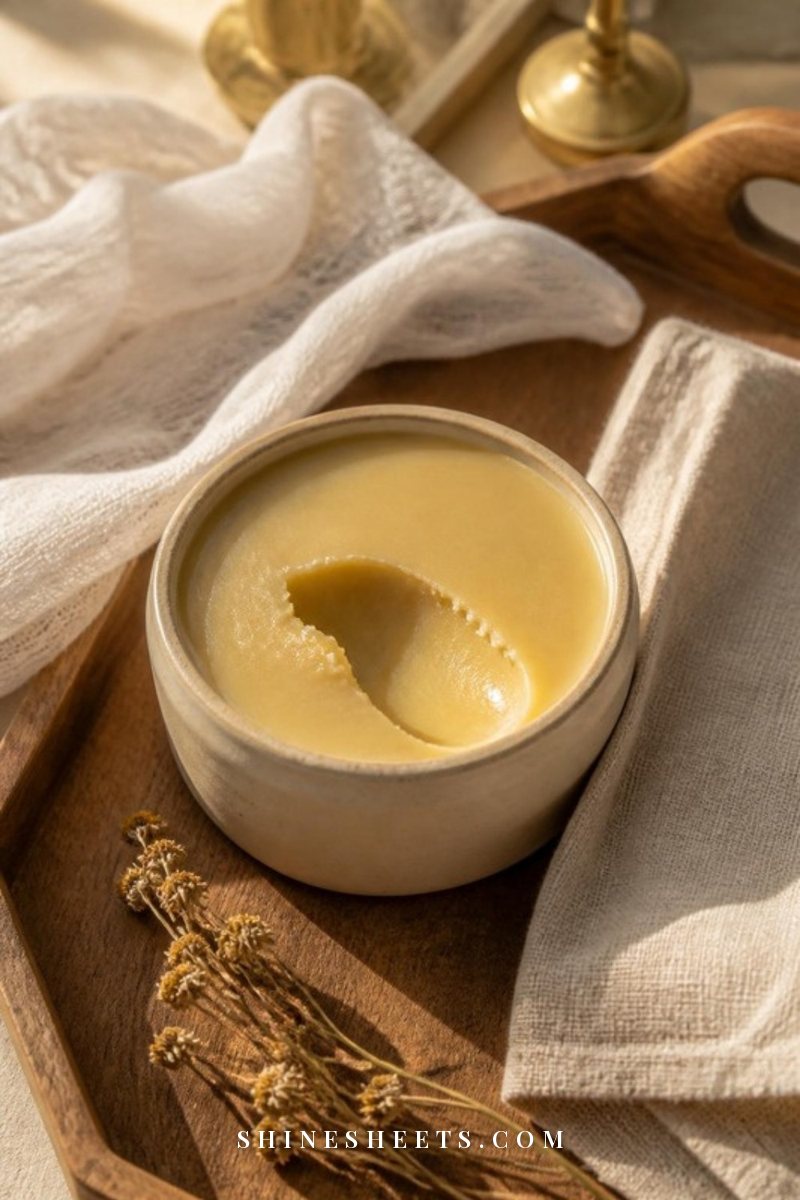 A thick golden skin balm in a shallow cream ceramic pot with a soft scoop missing, beside a folded white cotton cloth