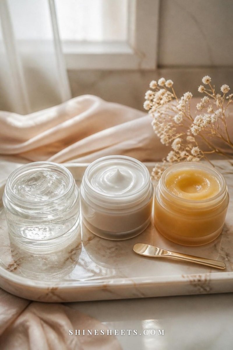 Three open moisturizer jars side by side showing a clear gel, a white cream and a thick golden balm on a cream marble tray