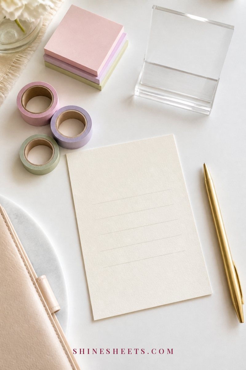 Blank cream goal card with a gold pen, pastel washi tape rolls and sticky notes on a white desk in soft light