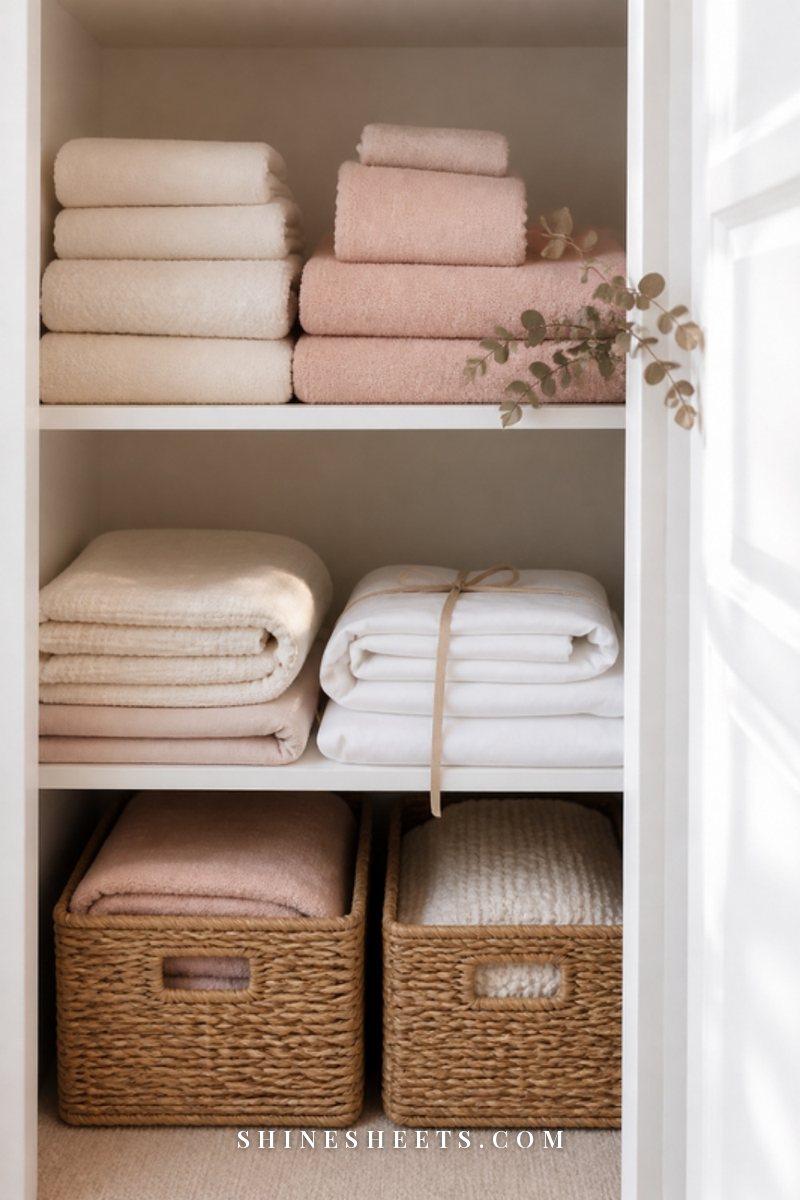 Neatly folded cream and blush towels and linens on a white linen closet shelf with woven baskets in soft light
