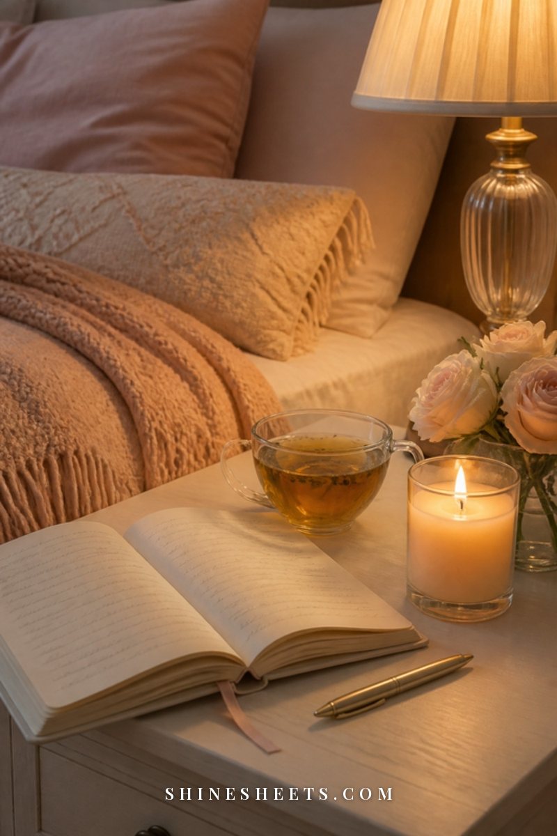 Open cream journal with soft illegible handwriting, a cup of herbal tea and a lit glass candle on a white bedside table at dusk
