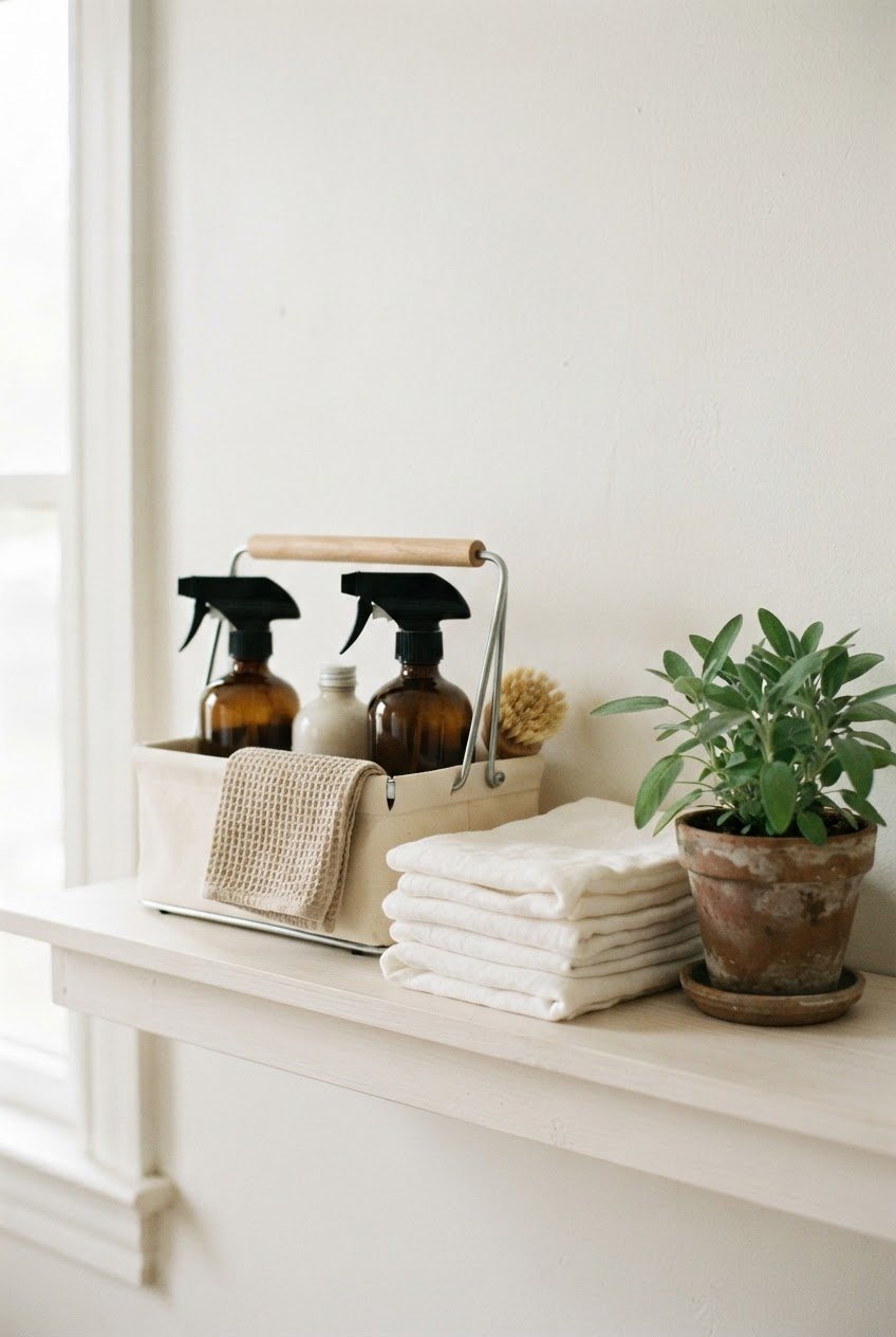 Cream cleaning caddy with spray bottles and cloths beside a stack of folded linen towels on a white shelf